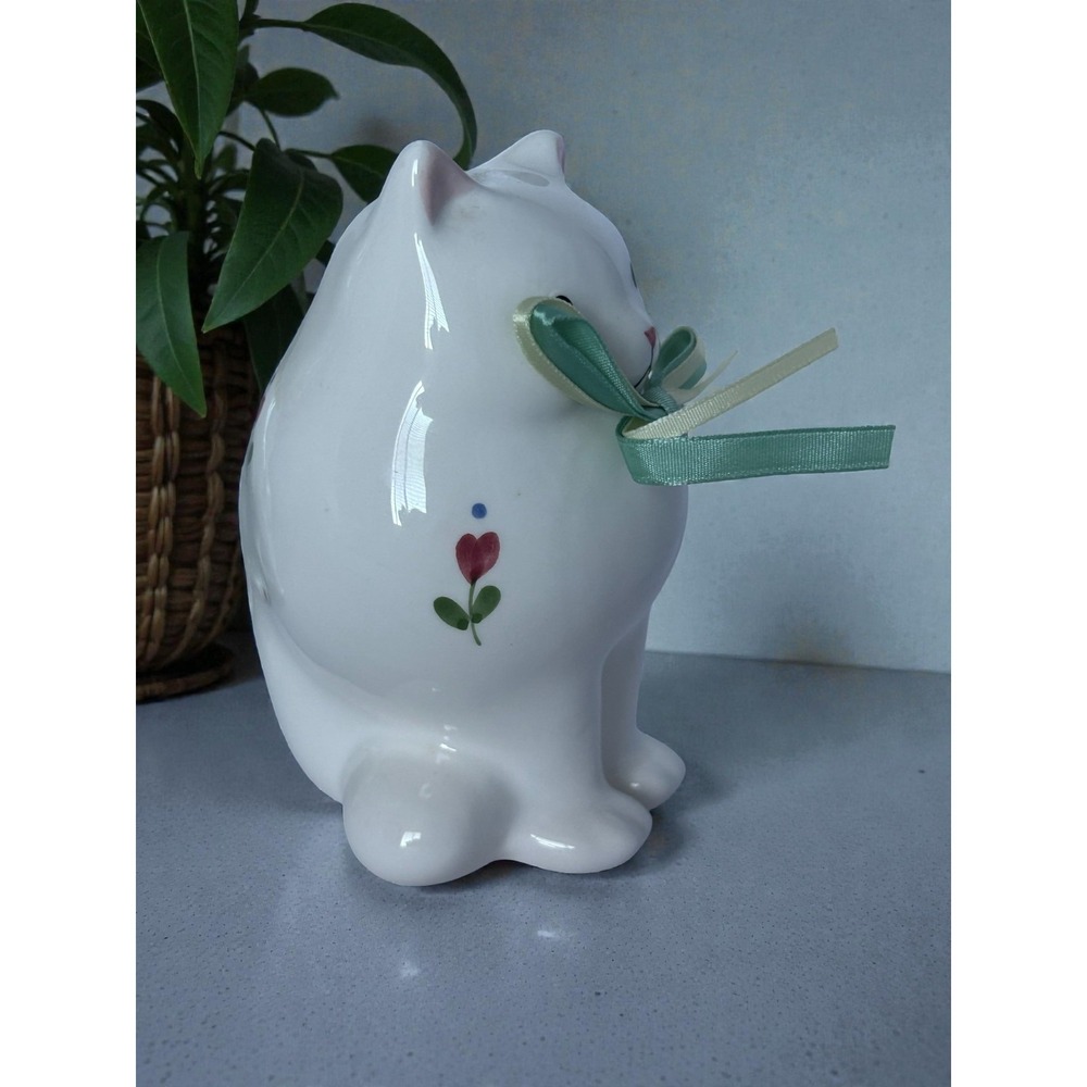 Vintage White Floral Cat Figure Porcelain Bow Chubby Hand painted Home Deco - Picture 5 of 14